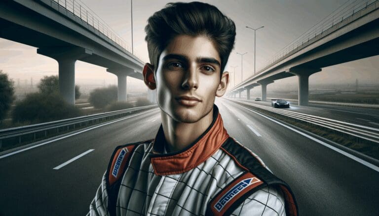 Retrato de un joven piloto de carreras estratégicamente posicionado con autopistas de fondo.