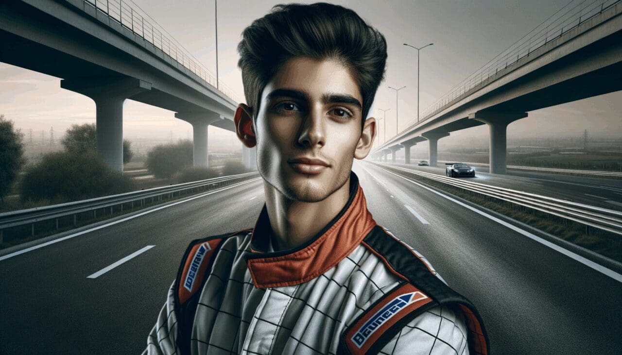 Retrato de un joven piloto de carreras estratégicamente posicionado con autopistas de fondo.