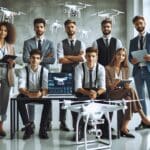 Jóvenes profesionales colaborando en un laboratorio tecnológico moderno con drones en exhibición.