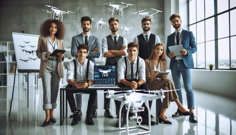 Jóvenes profesionales colaborando en un laboratorio tecnológico moderno con drones en exhibición.