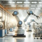 Robots industriales colaborativos en un entorno de manufactura moderno y luminoso.