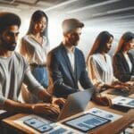 Grupo diverso de emprendedores trabajando con laptops y pantallas con gráficos de datos en un espacio moderno y luminoso.