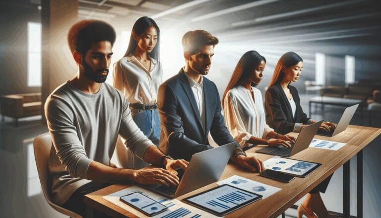 Grupo diverso de emprendedores trabajando con laptops y pantallas con gráficos de datos en un espacio moderno y luminoso.