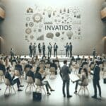 Grupos de emprendedores reunidos en un auditorio moderno discutiendo ideas.