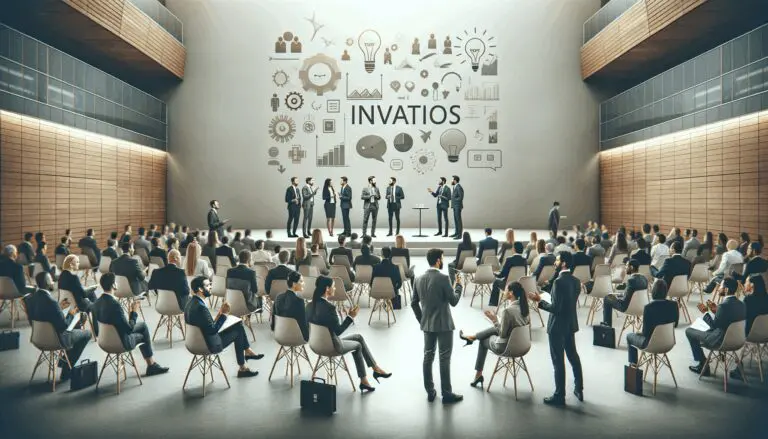 Grupos de emprendedores reunidos en un auditorio moderno discutiendo ideas.