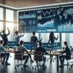 Equipo startup colaborando en oficina moderna con pantallas que muestran gráficos financieros.