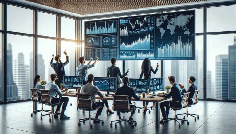 Equipo startup colaborando en oficina moderna con pantallas que muestran gráficos financieros.