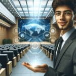 Empresario joven presentando tecnología innovadora en un auditorio moderno