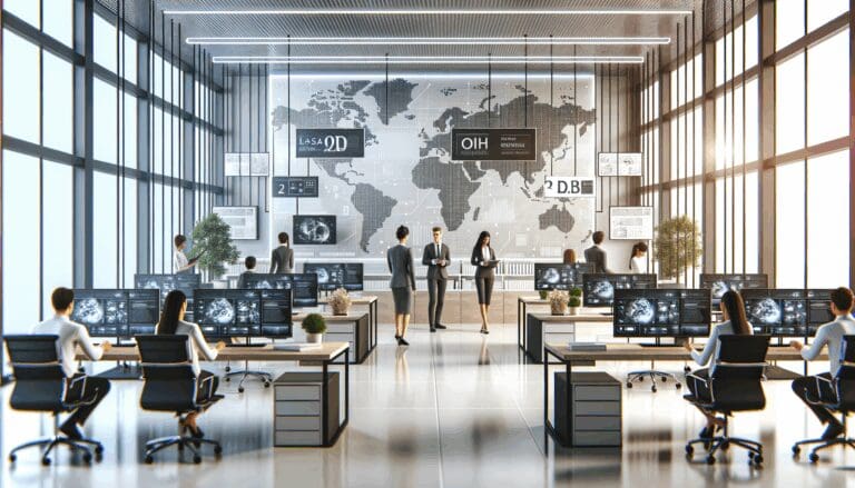 Oficina moderna de startup tecnológica con paneles digitales y colaboradores trabajando juntos