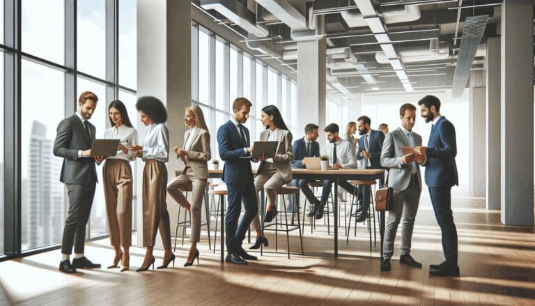 Empresarios y emprendedores colaborando en un moderno espacio de coworking de ambiente internacional.