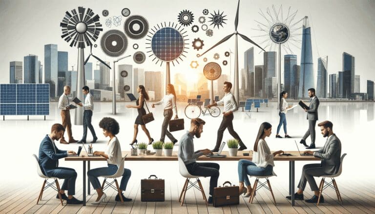 Personas trabajando en un espacio moderno, con paneles solares y turbinas eólicas al fondo, representando innovación en energías limpias.
