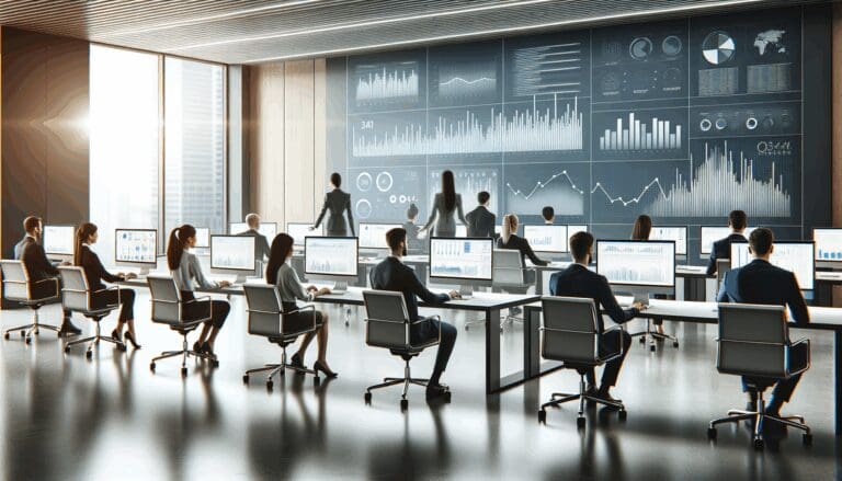 Espacio de oficina moderno con personas colaborando frente a pantallas de computadora y gráficos de datos visibles.