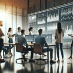 Equipo de jóvenes profesionales en una oficina moderna colaborando frente a pantallas con gráficos digitales.