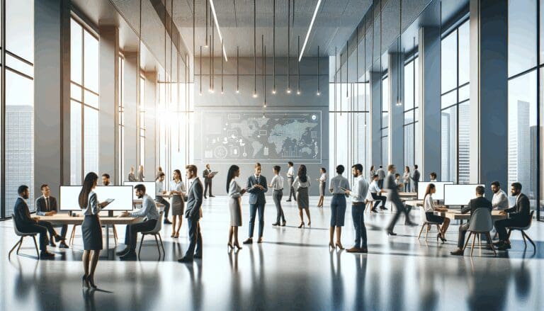 Espacio moderno con emprendedores colaborando frente a pantallas digitales en un entorno luminoso.