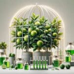 Plantas de cítricos verdes en un invernadero moderno, frascos de laboratorio y tubos de ensayo alrededor.