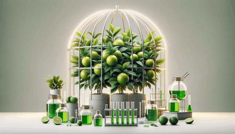 Plantas de cítricos verdes en un invernadero moderno, frascos de laboratorio y tubos de ensayo alrededor.