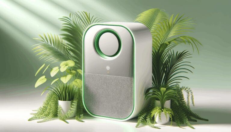 Primer plano de un innovador purificador de aire de diseño moderno con detalles verdes, rodeado de plantas naturales en un ambiente luminoso.