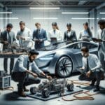 Grupo de ingenieros en un taller tecnológico trabajando sobre autos eléctricos futuristas.