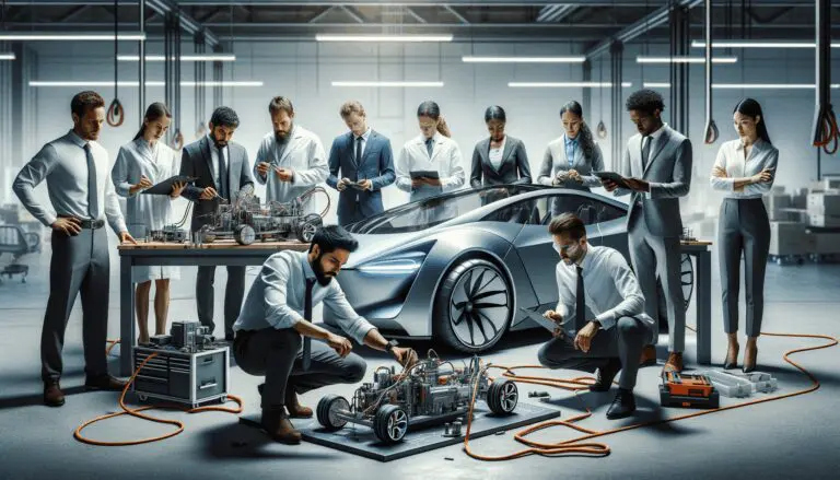 Grupo de ingenieros en un taller tecnológico trabajando sobre autos eléctricos futuristas.