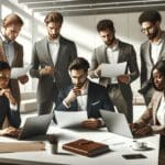 Emprendedores reunidos en una sala moderna revisando papeles y laptops sobre una mesa luminosa.