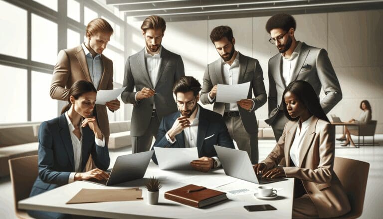 Emprendedores reunidos en una sala moderna revisando papeles y laptops sobre una mesa luminosa.