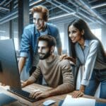 Tres jóvenes trabajando juntos en una computadora en una oficina moderna, ambiente tecnológico y colaborativo.