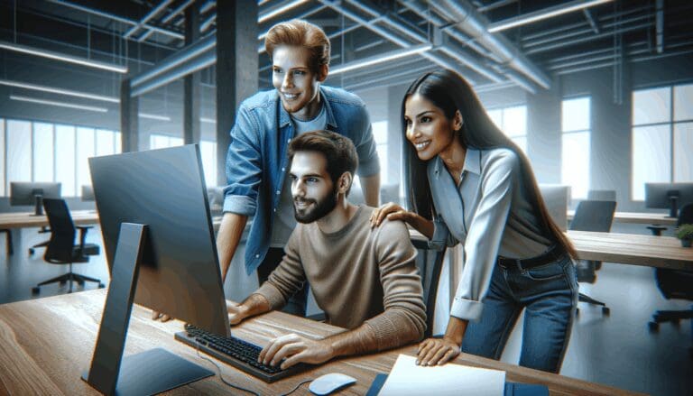 Tres jóvenes trabajando juntos en una computadora en una oficina moderna, ambiente tecnológico y colaborativo.