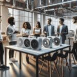 Jóvenes emprendedores conversando junto a prototipos de tecnología de climatización en un entorno moderno de coworking.