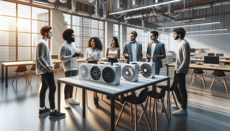 Jóvenes emprendedores conversando junto a prototipos de tecnología de climatización en un entorno moderno de coworking.