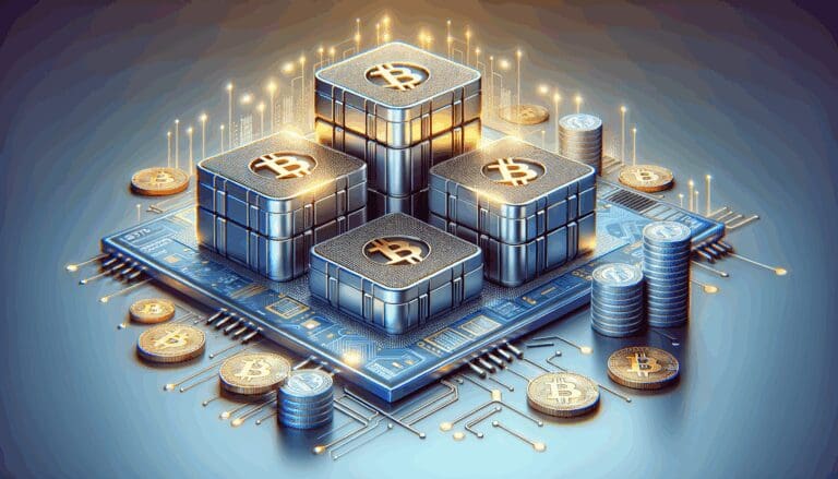 Ilustración estilizada de paneles de litio y monedas digitales en un entorno tecnológico.