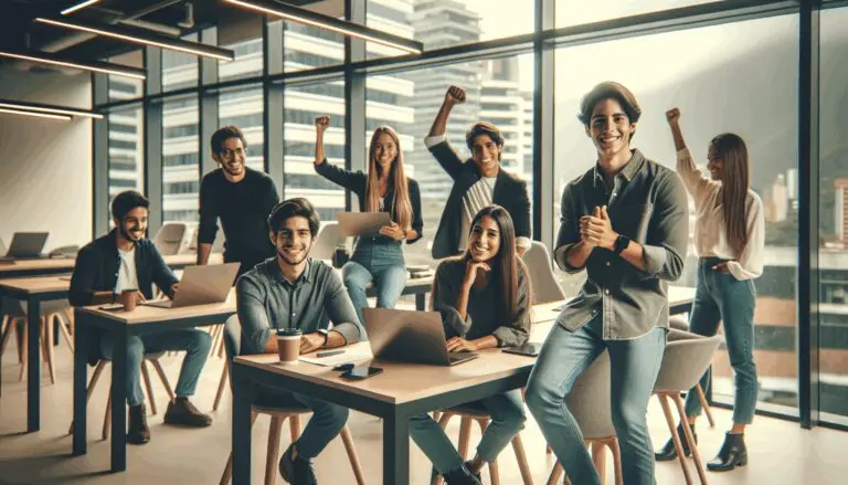 Emprendedores jóvenes trabajando juntos en un espacio flexible y moderno en Bogotá, ambiente colaborativo y tecnológico.