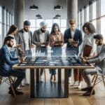 Empresarios jóvenes reunidos en una oficina moderna, colaborando alrededor de una mesa digital con gráficos y tablets.