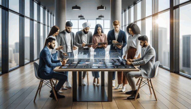 Empresarios jóvenes reunidos en una oficina moderna, colaborando alrededor de una mesa digital con gráficos y tablets.