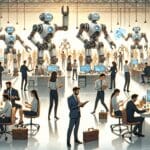 Ilustración de un centro de innovación tecnológica con robots y emprendedores colaborando.