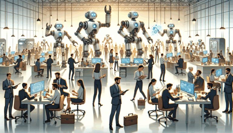 Ilustración de un centro de innovación tecnológica con robots y emprendedores colaborando.