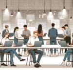 Ilustración de jóvenes emprendedores trabajando en laptops en un espacio colaborativo moderno, con pantallas digitales al fondo.