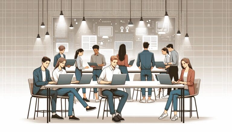 Ilustración de jóvenes emprendedores trabajando en laptops en un espacio colaborativo moderno, con pantallas digitales al fondo.