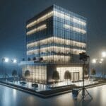 Edificio moderno con luces encendidas durante la noche, simbolizando la actividad constante del mundo startup.