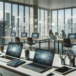 Oficina moderna de una startup con laptops y tablets en uso