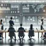 Equipo de profesionales en un espacio de trabajo moderno con pantallas mostrando datos y tecnología industrial.