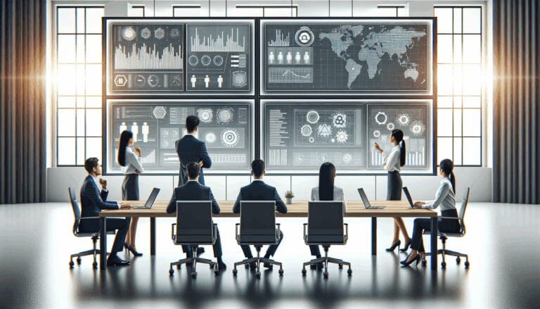 Equipo de profesionales en un espacio de trabajo moderno con pantallas mostrando datos y tecnología industrial.