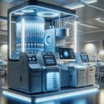 Primer plano de un laboratorio tecnológico con luces azules y equipos de diagnóstico biomédico modernos.