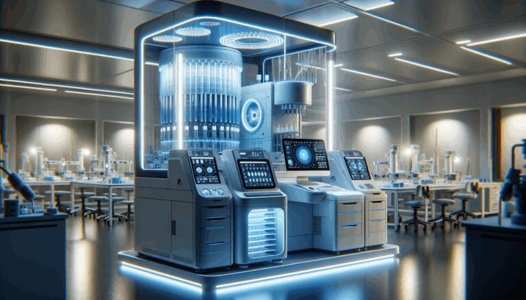 Primer plano de un laboratorio tecnológico con luces azules y equipos de diagnóstico biomédico modernos.