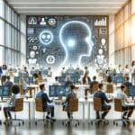 Oficinas modernas con jóvenes emprendedores trabajando en soluciones tecnológicas de inteligencia artificial.