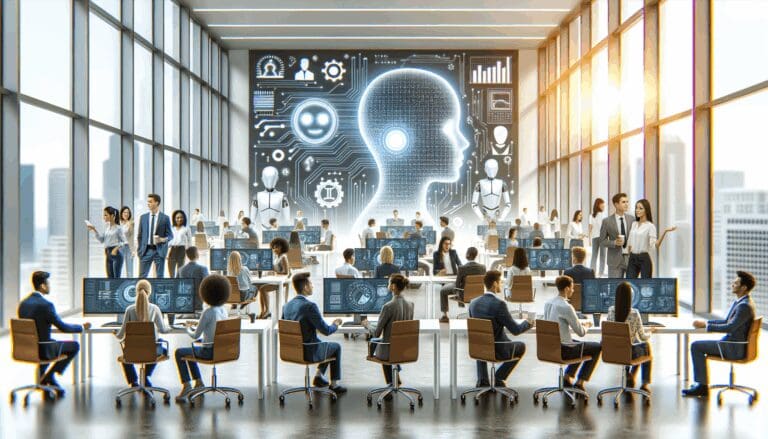 Oficinas modernas con jóvenes emprendedores trabajando en soluciones tecnológicas de inteligencia artificial.