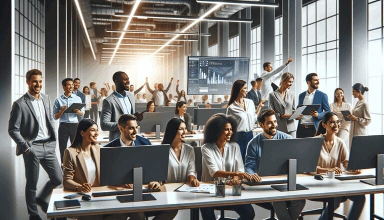 Equipo multicultural en una moderna oficina colaborando frente a pantallas, con ambiente corporativo y tecnológico.