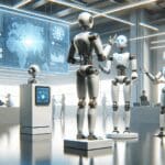 Robots interactuando en un evento de tecnología avanzada.