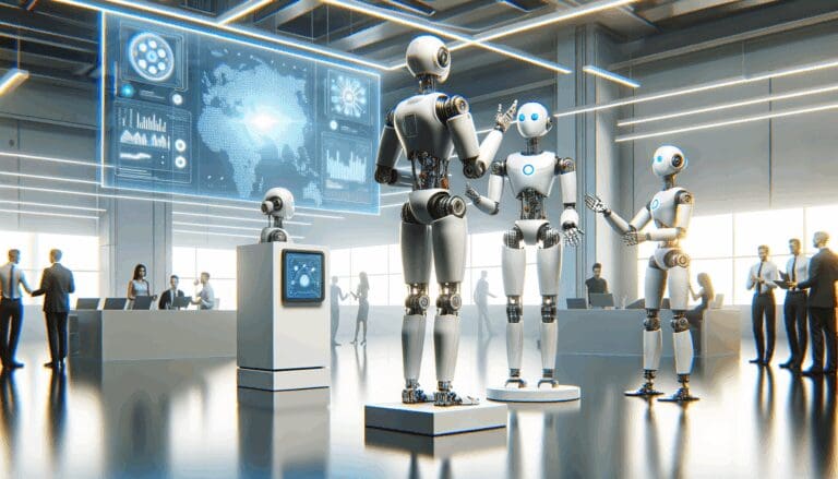 Robots interactuando en un evento de tecnología avanzada.