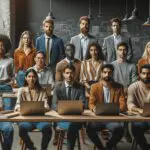 Grupo de jóvenes emprendedores reunidos en un espacio de coworking moderno con laptops y pizarras al fondo.