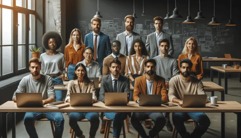 Grupo de jóvenes emprendedores reunidos en un espacio de coworking moderno con laptops y pizarras al fondo.